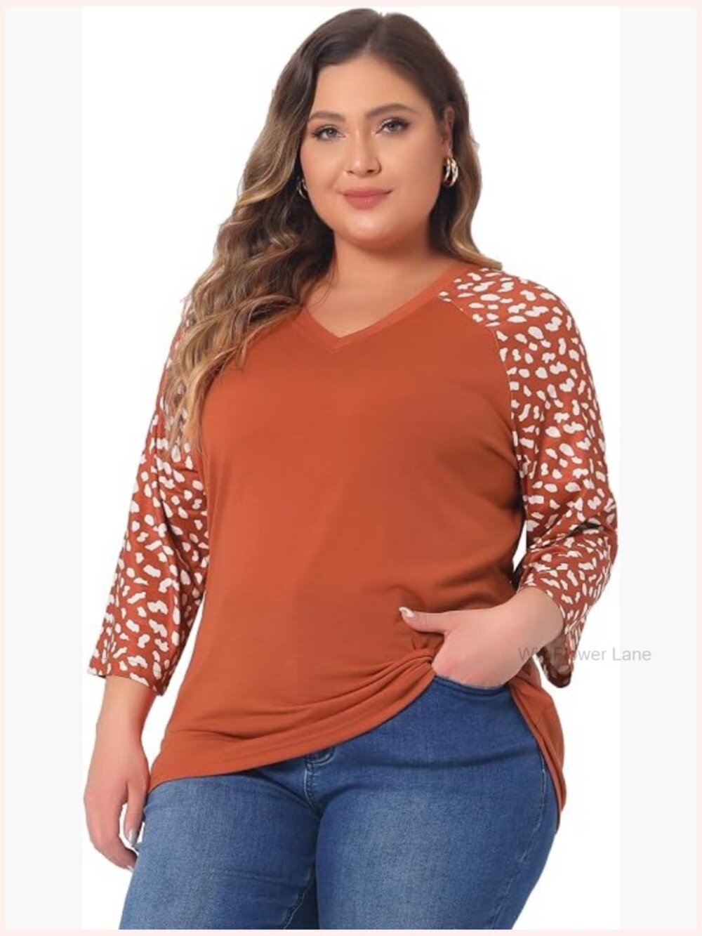 Plus Size Floral Raglan Top - 3/4 Sleeve V-Neck T-Shirt